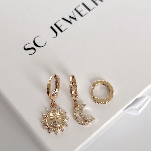 Hoop Earrings Trio Earrings Sun Moon Earrings 18k Gold Plated Jewelry - Picture 3 of 9